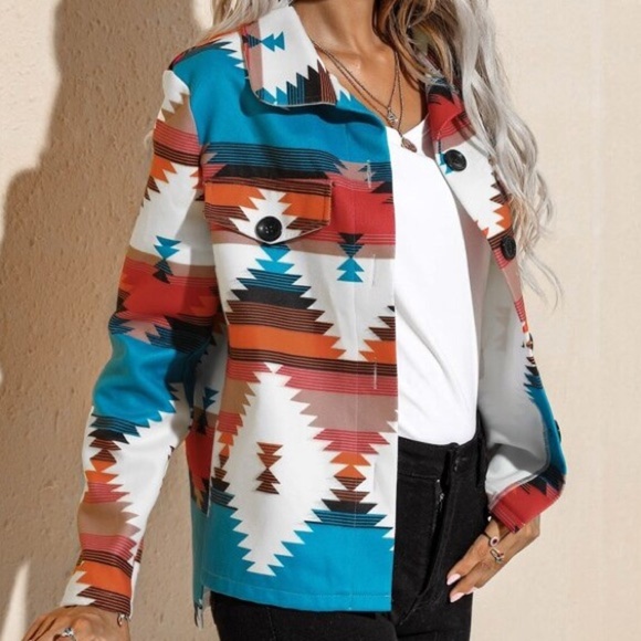 Geo Print Single Breasted Jacket shein Aztec flannel XS western coat​ country​​ - Picture 10 of 11